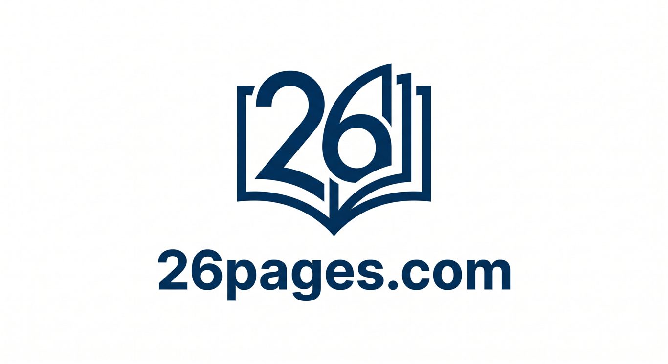 Abstract editorial visual for 26pages.com — an aged .com domain for sale